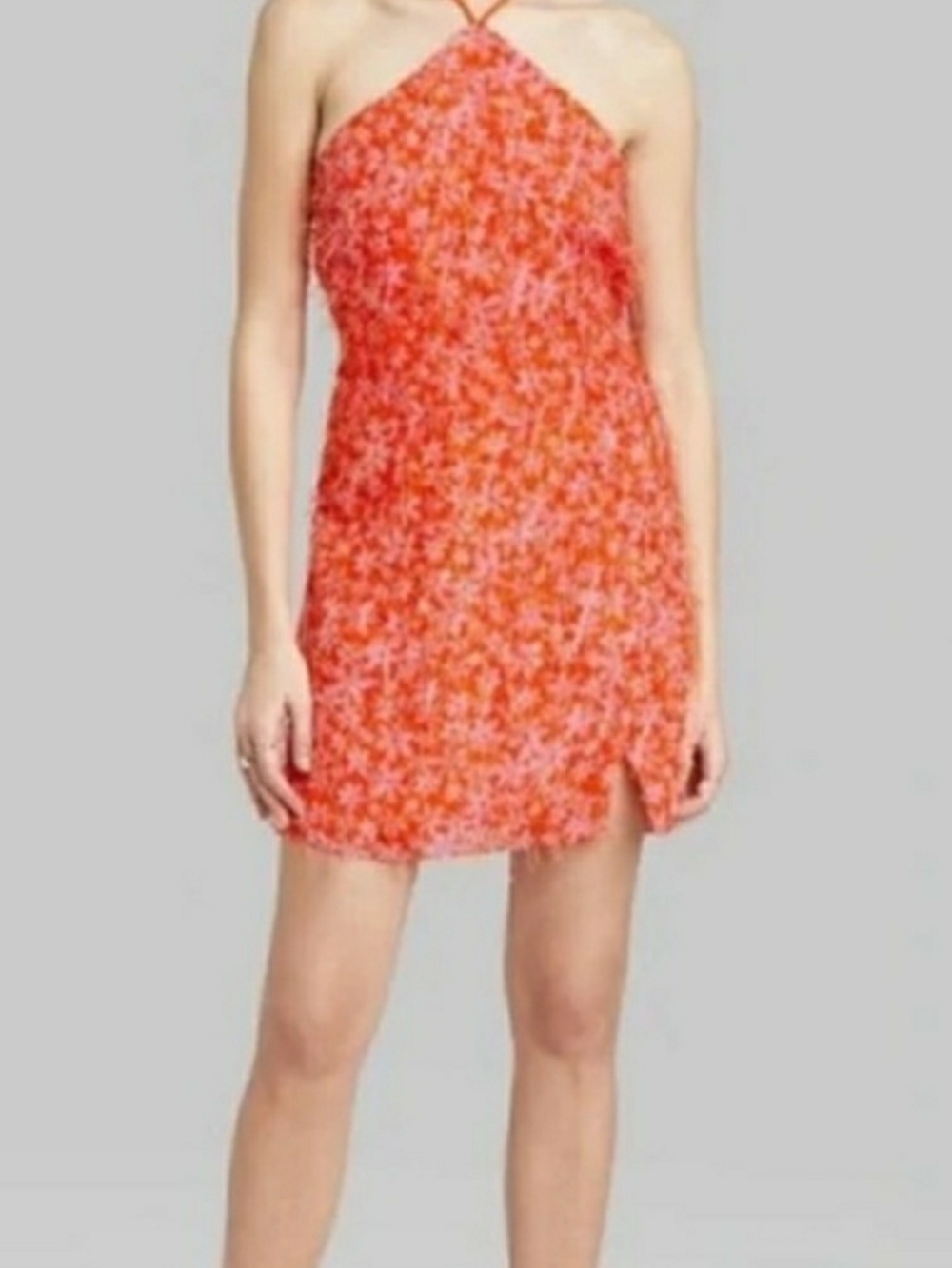 NWT Sparkly Fringed Floral Halter Mini Dress in Coral With Pink Flowers